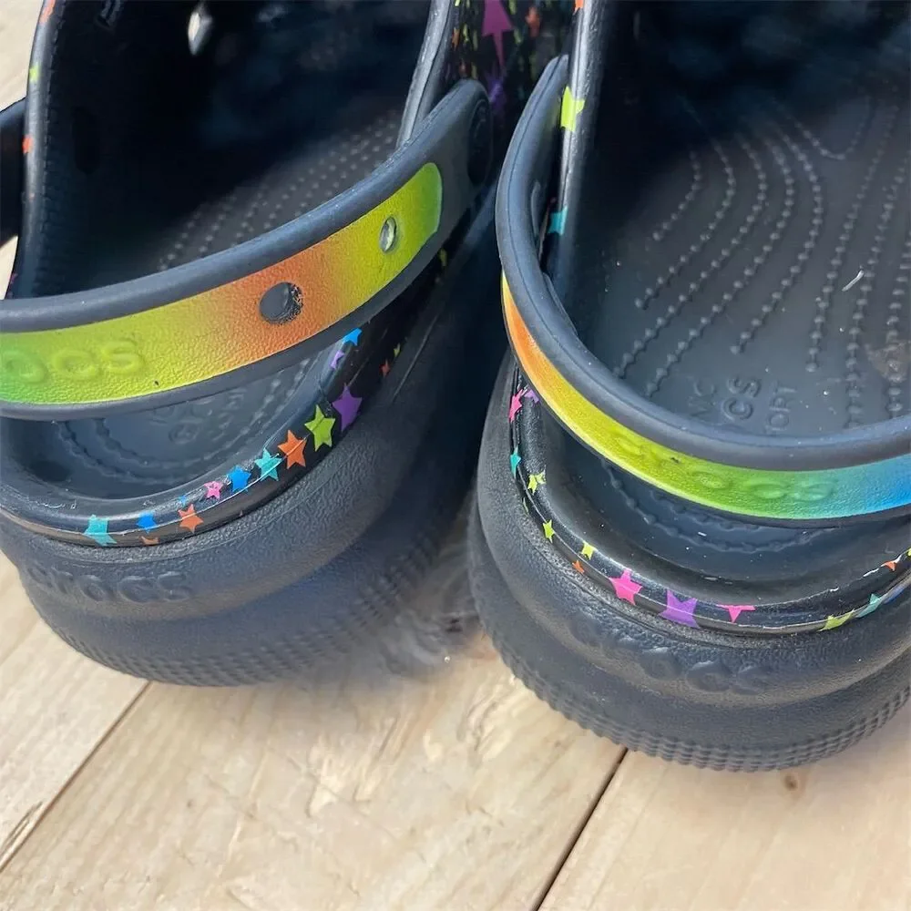 Crocs Cutie Crush Disco Dance Party Platform Clogs Kids Black Multi Stars 6‎